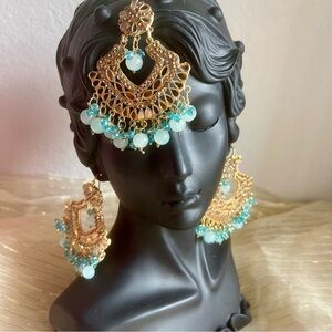 Pakistani Indian Earings Jhumka Tikka Gold Plated Kundan Jewelry Set Light Blue